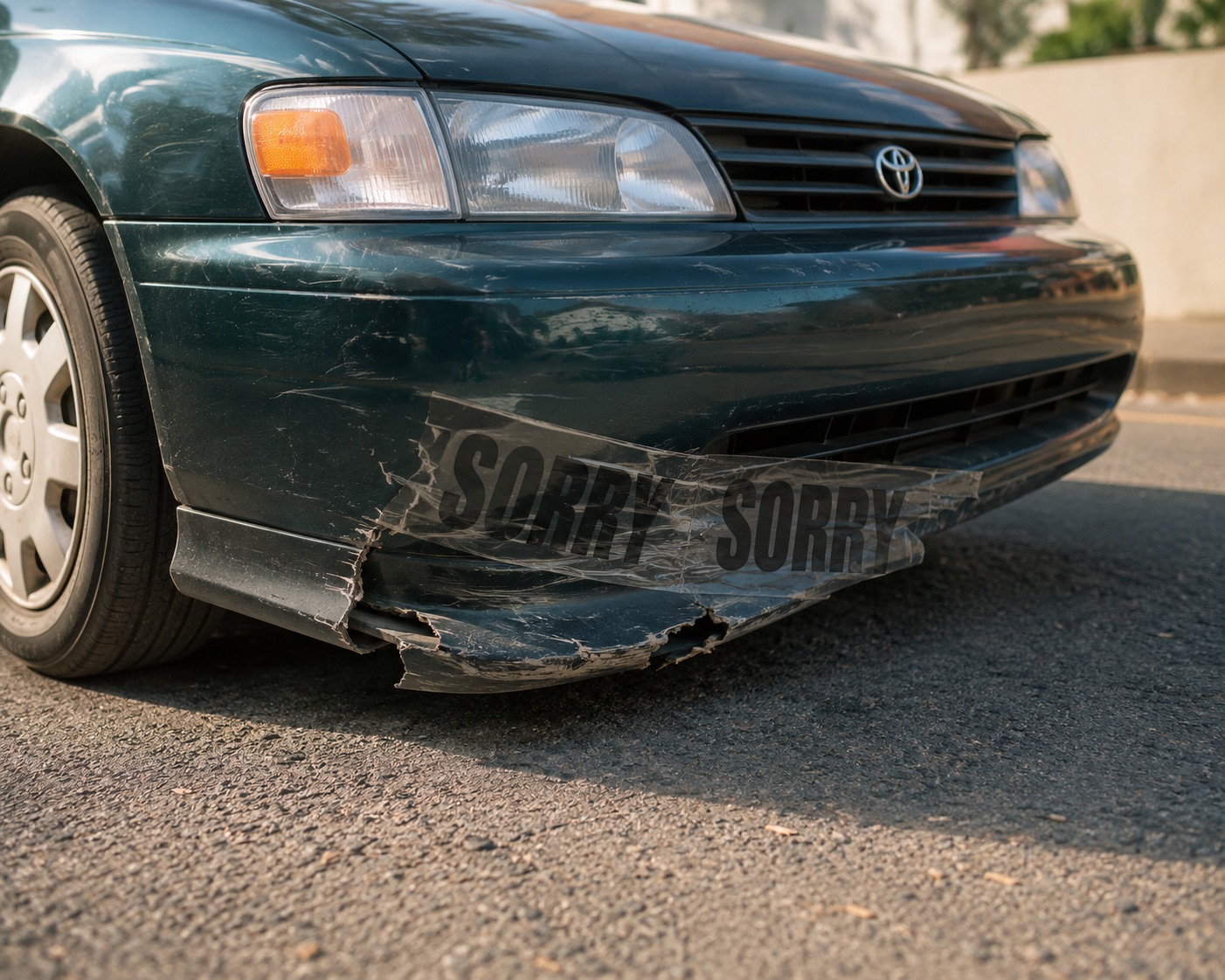 A car bumper repaired with Sorry Tape.