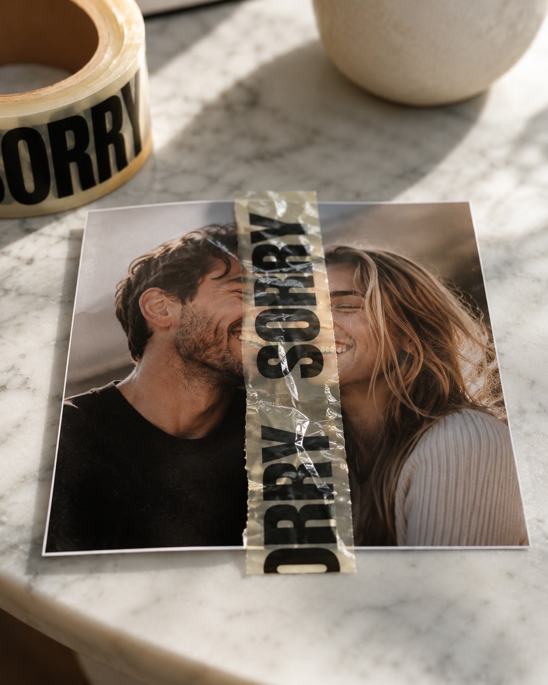 A photograph of a laughing couple, mended down the middle with a strip of Sorry Tape.