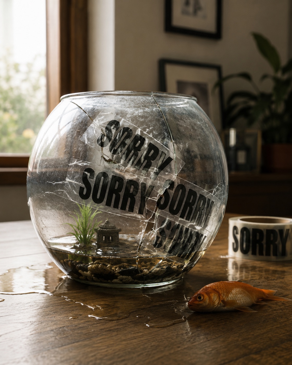 A broken fishbowl bound with Sorry Tape, beside a goldfish.