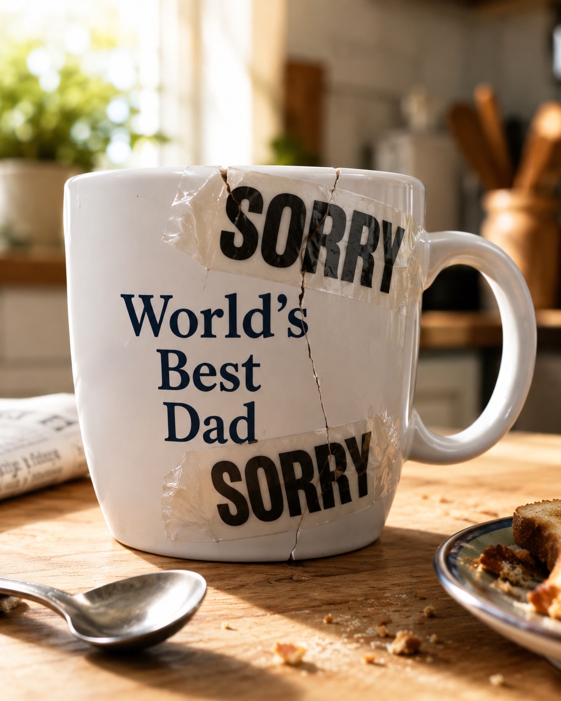 A cracked World's Best Dad mug, taped together with Sorry Tape.
