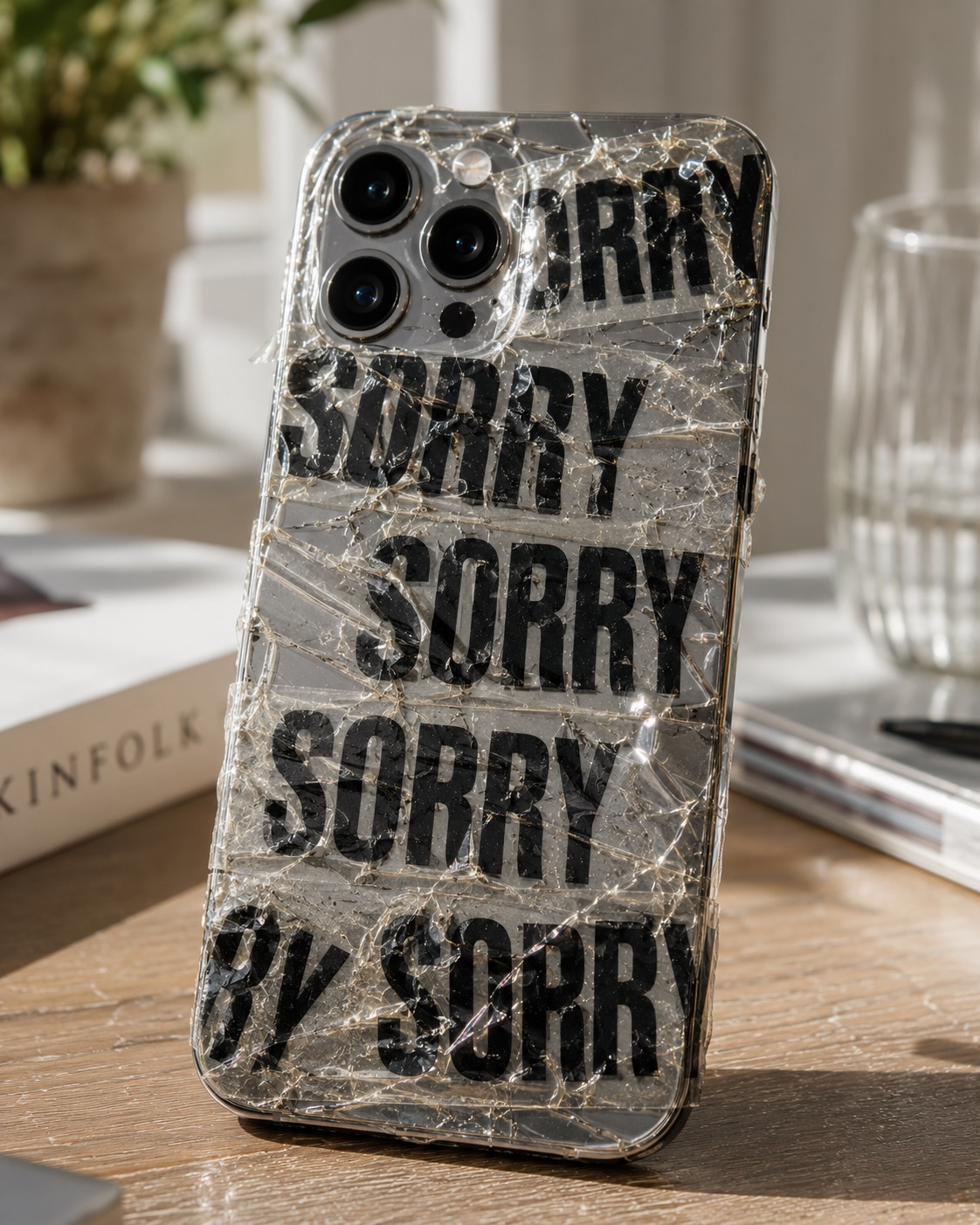 A shattered telephone wrapped in repeated layers of Sorry Tape.